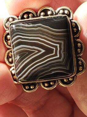 925 Stamped Banded Black Agate Large Square Ring, Black & White, Sz 9 NEW Unisex
